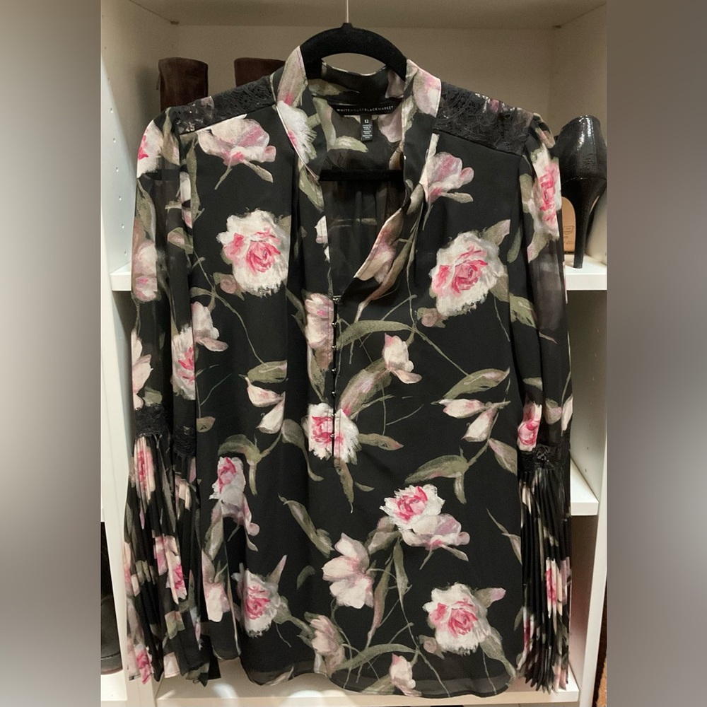 WHBM Black floral blouse with lace detail and shirred sleeves size 12